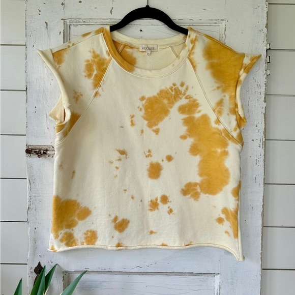 ROOLEE, YELLOW, TIE DYE PRINT SHIRT WITH FLUTTER SLEEVES. CROPPED. SIZE XS - Picture 3 of 8